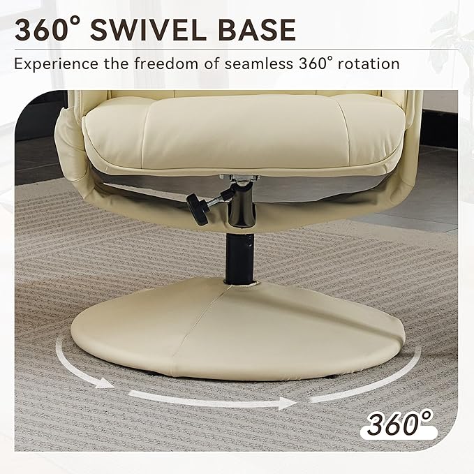 140° Adjustable PU Leather Recliner Chair with Ottoman 360° Swivel Massage Lounge Chair with 5-Point Vibration &amp Heated Seat for Living Room Home Theater or Office (Beige)