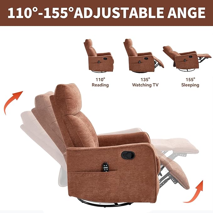 KEIKI Swivel Rocker Recliner Chair with Massage and Heated Pad for Nursery Soft Fabric Glider with 360 Degree Rotation and Manual Recline