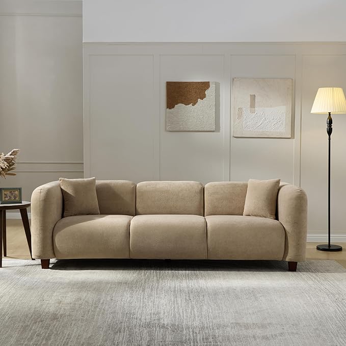 Christopher Knight Home Ahrai 3-Seater Sofa Couch with 2 Pillows 87 Wide Oversized Sofa for Living Room Modern Wood Frame Lounge Couch Comfy Spacious Fabric Upholstered Home Seating Camel