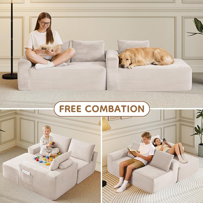 Rovibek 97” Couches for Living Room Modular Sectional Sofa with Chaise &amp Deep Seat Comfy Corduroy Boneless Couch No Assembly Required White