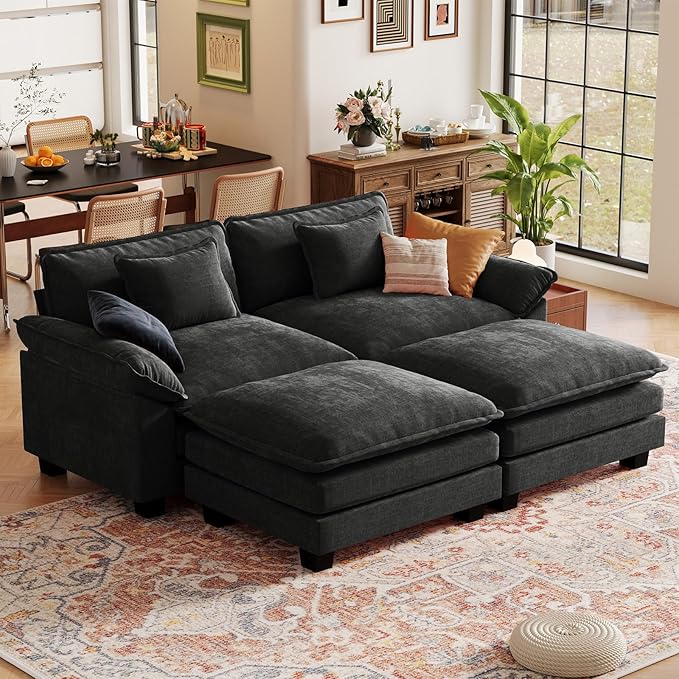 CDCASA 86 Modular Sectional Sofa Comfy Cloud Couch with 2 Movable Ottomans Oversized 4-Seater Chenille Deep Seat Sofa Bed for Living RoomBedroom Black