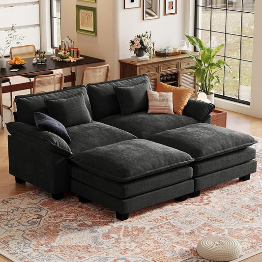 CDCASA 86 Modular Sectional Sofa Comfy Cloud Couch with 2 Movable Ottomans Oversized 4-Seater Chenille Deep Seat Sofa Bed for Living RoomBedroom Black