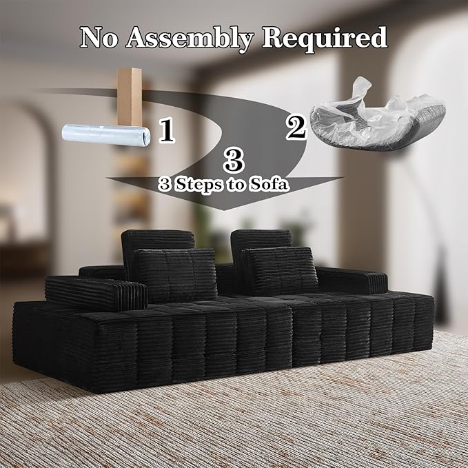 Modular Sectional Sofa with Movable Handrails Straight-Row Boneless Sofa Sectional Couch for Living Room Deep Seat Memory Foam Faux Rabbit Fur Fabric Sofa No Assembly Required(Black)
