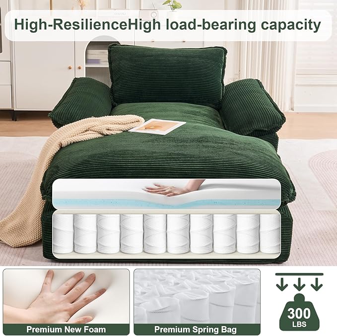 GNIXUU 67 Chaise Lounge Chair Indoor Corduroy Upholstered Oversized Sofa Bed Green Oversized Boneless Couch Chair Large Sleeper Reading Chair for Living Room Game Room Green | easy to move around