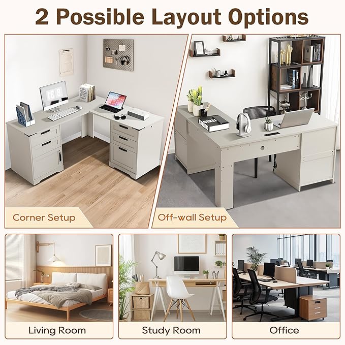 Farmhouse L Shaped Executive Desk 60 Home Office Desk with Drawers &amp Charging Station Wood Corner Computer Writing Desk with File Drawer and Storage Cabinet for Home Office (Light Grey)