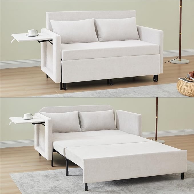QHITTY Pull Out Couch Bed 2-in-1 Sleeper Sofa Small Loveseat Bed with Hidden Side Table and Iron Frame for Living Room Small Space Apartment (White)