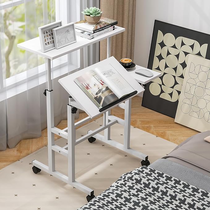 Giantex Mobile Standing Desk Height Adjustable Stand Up Table with Wheels &amp Tilting Tabletop Rolling Laptop Cart Computer Workstation for Standing or Sitting Home Office Sit Stand Desk (White)