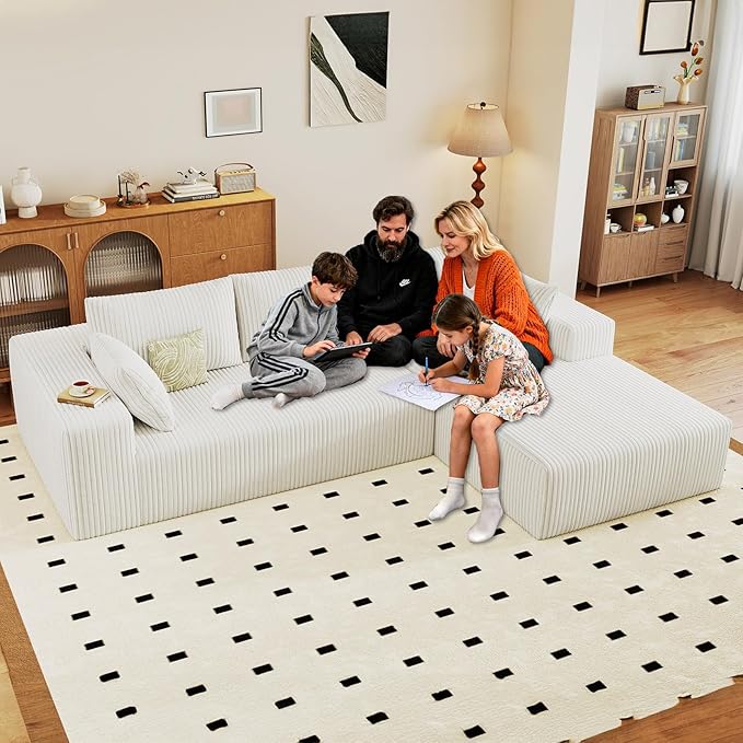 96 Cloud Sectional Couch with L-Shape Chaise Modern Corduroy Boneless Couch for Living RoomMemory Foam Sofa with Deep SeatNo Assembly Required (WhiteRight-Facing Chaise)