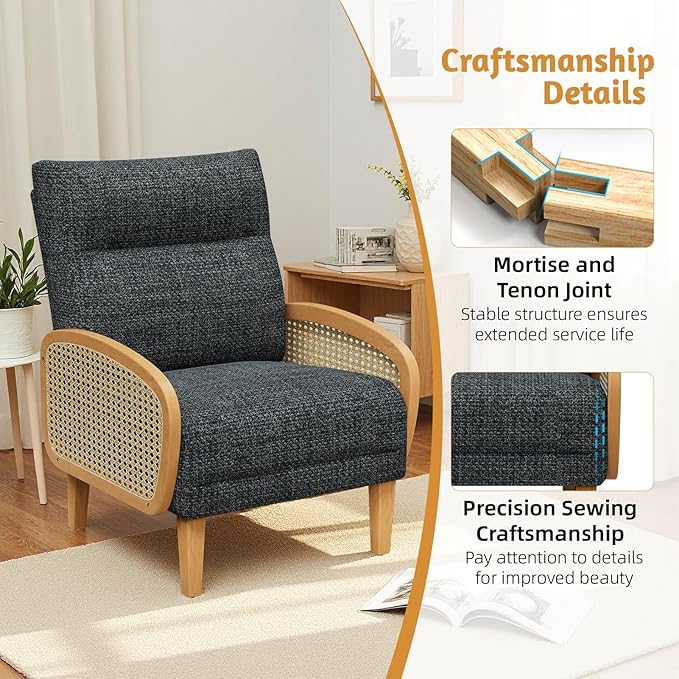 Rattan Accent Chairs Set of 2 Arm Chair with High Resilience Cushion Armchair with Sturdy Ash Wood for Living Room Dark Gray
