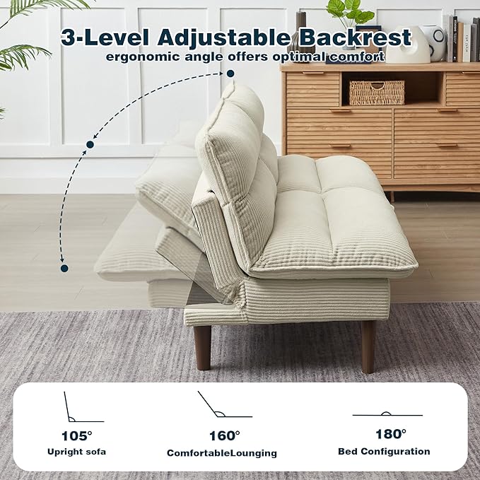 Convertible Futon Sofa Bed 72 Loveseat Couch Modern Folding Futon Couch with 3-Level Adjustable Backrest Sleeper Recliner Couches for Living Room/Guest Room/Apartment/Small Spaces Beige