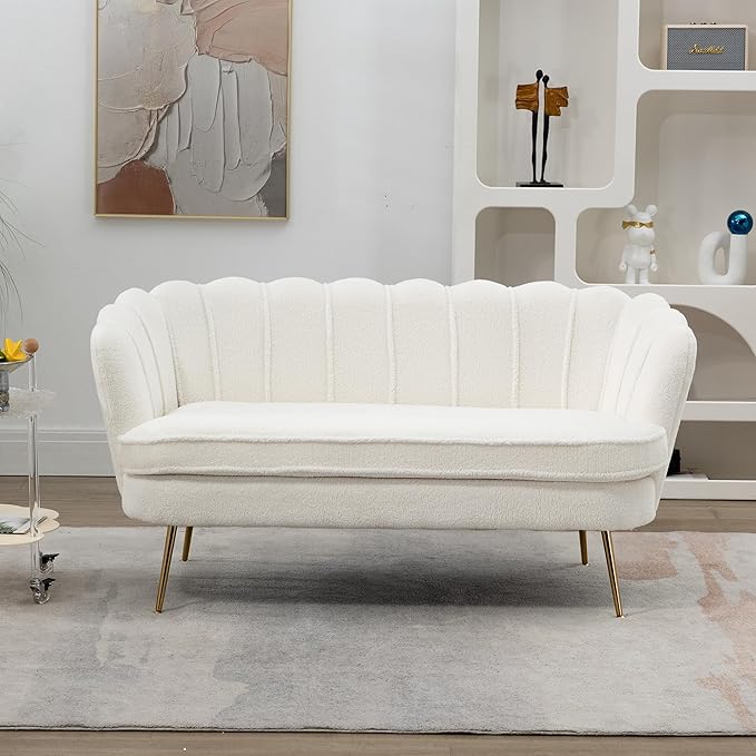 59 Wide Modern Boucle Loveseat Small Sofa Small Mini Room Couch 2-Seater Sofa with Gold Metal Legs for Space Office Studio Apartment Bedroom (Ivory)