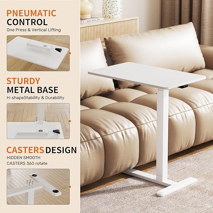Rolling Standing Desk with Hidden WheelsOverbed Bedside Table Adjustable HeightPneumatic Laptop Desk Rolling Computer Cart for HomeOfficeWhite