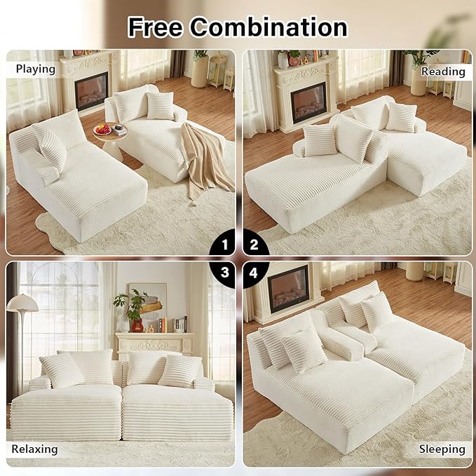 78.8 Oversized Double Chaise Lounge Chair Sectional Upholstered Deep Seat Cloud Couch Modern Corduroy Sofa Bed Loveseat Sleeper Chair for Living Room Bedroom Apartment Indoor White