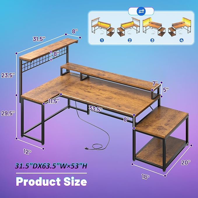 Gaming Desk with Shelves &amp Hooks 63.5L Shaped Computer Desk with LED Lights &amp Power Outlets &amp Monitor Stand and Printer Space for Home Office Writing Desk of Bedroom Living Room Rusti