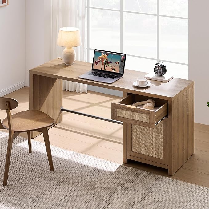 SICOTAS Rattan Home Office Desk 2 Pieces Farmhouse Boho Executive Desk with Storage Cabinets and Drawers Larger Writing Desk for Office Study Living Room Oak