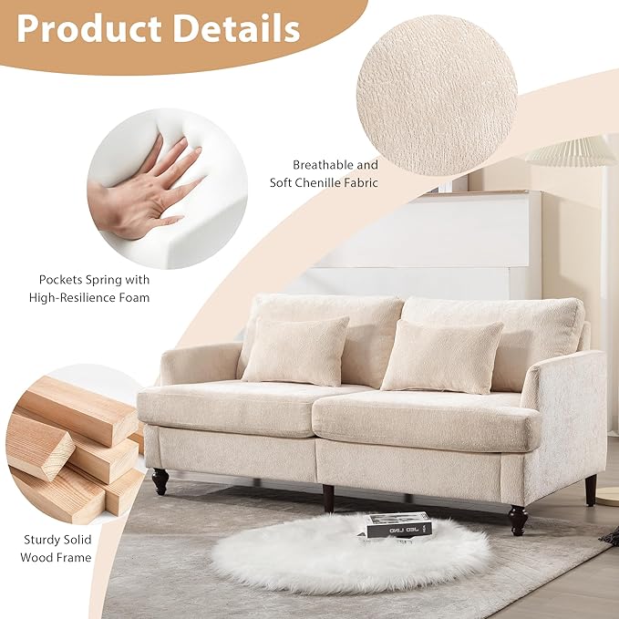 69” Modern Chenille Loveseat Sofa Couch Upholstered 2 Seat Love Seat Deep Seat Small Couch with 2 Pillows and Sturdy Wood Legs for Living Room Bedroom Apartment (Beige)