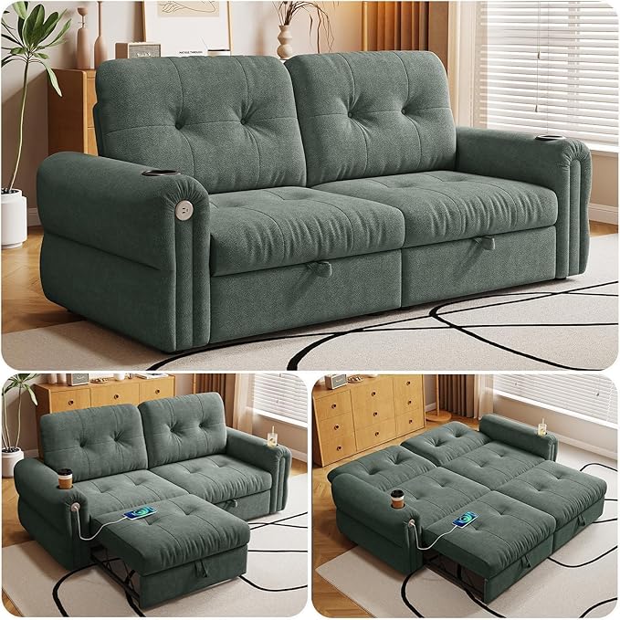 77 Pull Out Sofa Bed Velvet Convertible Sleeper Couch Loveseat Chaise Lounge with Cup Holder and USB Pullout Futon Sofa Bed for Living Room Bedroom Small Spaces RV (Green-)