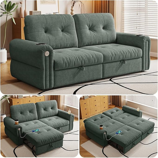 77 Pull Out Sofa Bed Velvet Convertible Sleeper Couch Loveseat Chaise Lounge with Cup Holder and USB Pullout Futon Sofa Bed for Living Room Bedroom Small Spaces RV (Green-)