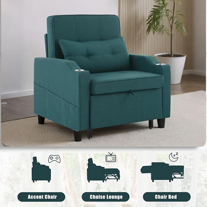 Sleeper Chair 5-in-1 Convertible Chair Bed Pull Out Adjustable Single Armchair Sofa Bed with USB PortsSide PocketCup Holder (Green)