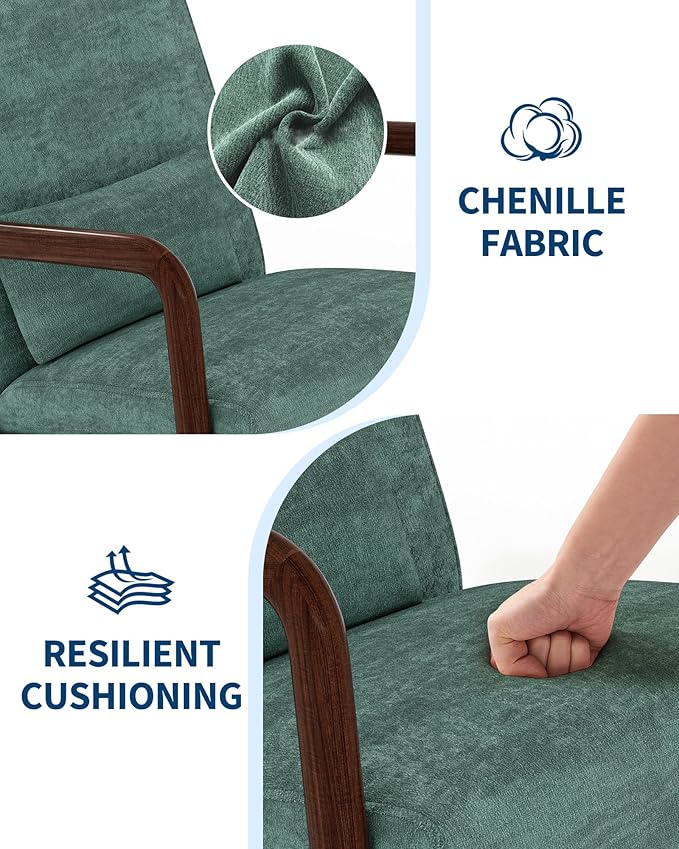 Garvee Mid-Century Modern Accent Chair Chenille Upholstery Solid Wood Armchair with Removable Lumbar Pillow Sturdy Reading Chair for Living Room Bedroom Guest Room Easy Assembly Green