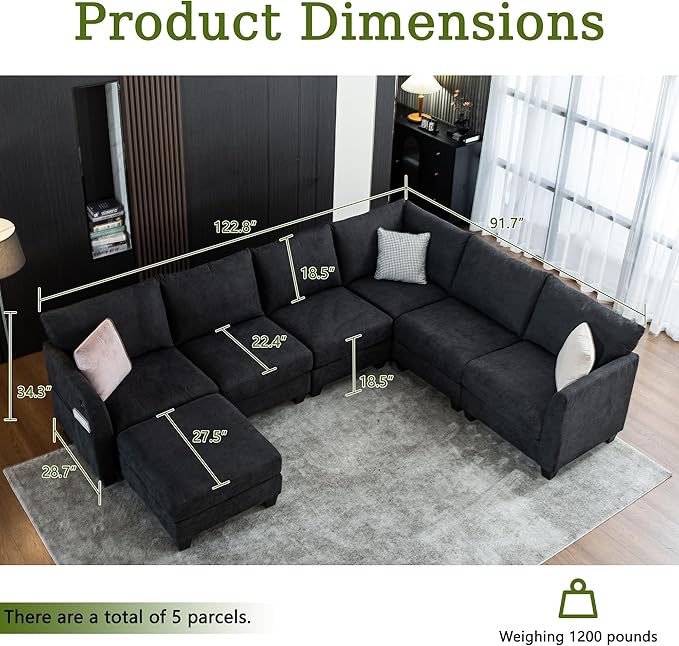 122.8 Large Sectional Couches for Living Room 6 Seater L Shaped Modular Sectional Sofa with Storage Ottoman &amp USB Oversized Corner Couch for Living Room（Black）