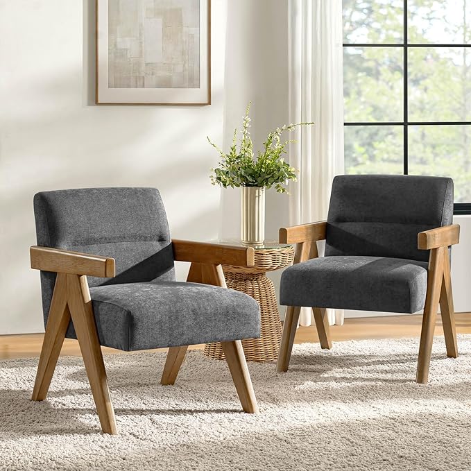HULALA HOME Modern Accent Chair Upholstered Arm Chair with Solid Wood Frame Comfortable Padded Seat and Back for Living Room Bedroom Set of 2 Charcoal