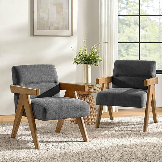 HULALA HOME Modern Accent Chair Upholstered Arm Chair with Solid Wood Frame Comfortable Padded Seat and Back for Living Room Bedroom Set of 2 Charcoal
