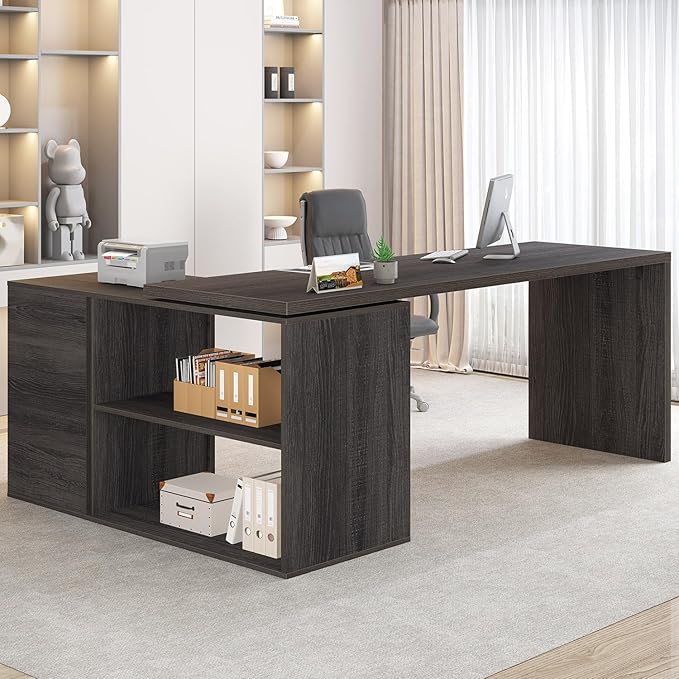 HSH L Shaped Computer Desk with Drawers L Shaped Desk with Storage Cabinet Shelves Large Reversible Corner Executive Home Office Desk Industrial Wood Work Writing Study Table WorkstationGray 60 In
