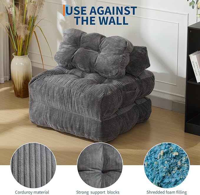 Folding Sofa Bed Convertible Sleeper Chair with Pillow Foldable Mattress&ampSide Pocket Portable Fold Out Chair Bed Comfy Floor Sofa Lounge for Living Room Bedroom Dark Grey Single