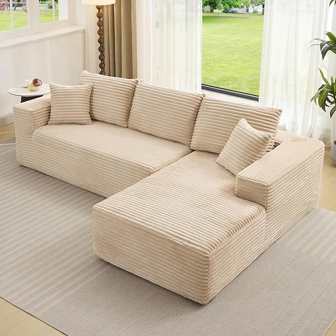 108 Cloud Sectional Couch with L-Shape Chaise Modern Modular Sofa with Deep Seat Boneless Cloud Couches for Living Room Bedroom No Assembly Required Plush Corduroy (Beige Right Facing Chaise)