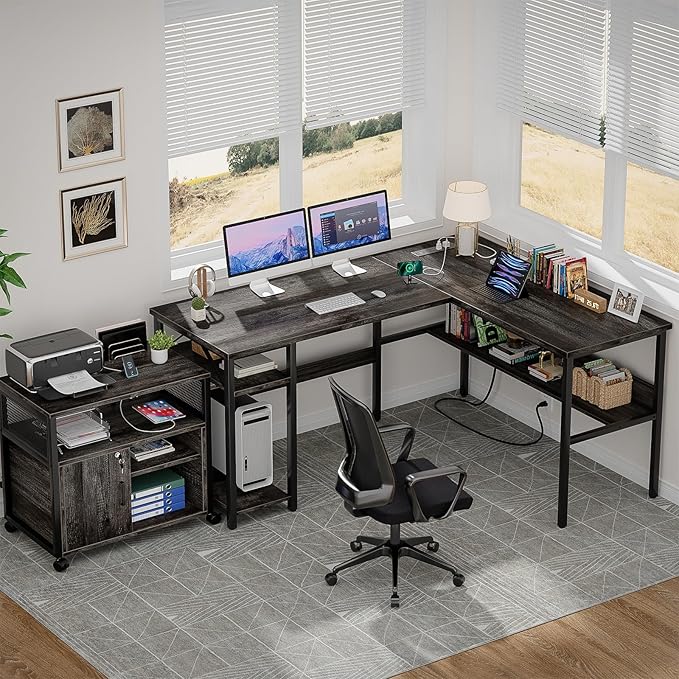 Unikito Reversible L Shaped Desk with Magic Power Outlets and USB Charging Ports Sturdy Corner Computer Desk with Storage Shelves Gaming Desk for Home Office Easy to Assemble Black Oak