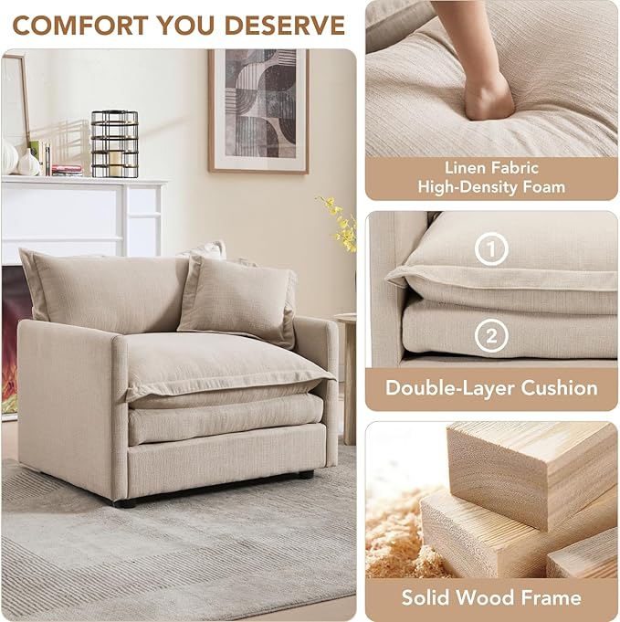 chairus Oversized Chair with Ottoman Modern Linen Upholstered Single Sofa Living Room Chair Comfy Reading Accent Chair Armchair Chaise Lounge Chair Indoor for Bedroom Oatmeal Beige
