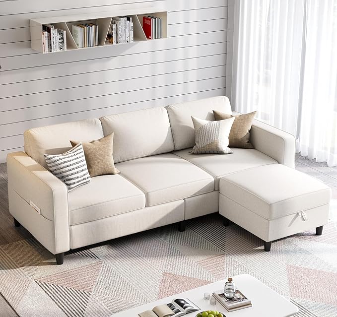 Sectional Sofas Couches for Living Room 78 L-Shaped Couch - Modern Linen Beige Sofa with Storage Ottoman USB for Apartments Studios &amp Home Offices Small Space