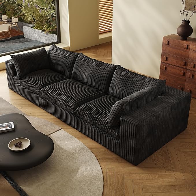 118-inch Boneless Cloud Sofa Modular Corduroy Sectional Couch with Full Foam Compression for Living Room Bedroom Apartment No Assembly Required (Black 3 Seater)