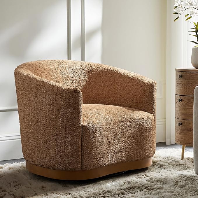 HULALA HOME Chenille Swivel Accent Chairs Set of 2 Fully Assembled Comfy Upholstery Barrel Armchair with Sturdy Solid Wood Base Caramel