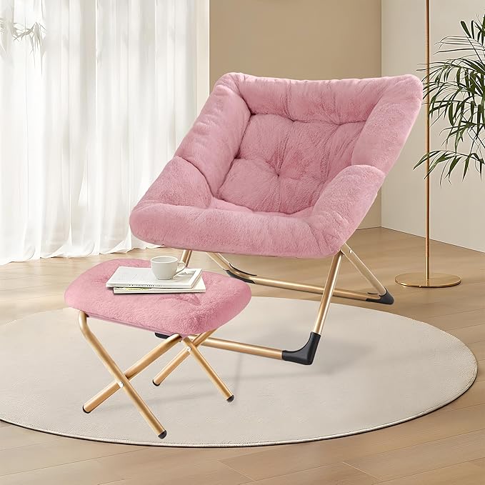 Comfy Oversized Saucer Chair with OttomanSoft Faux Fur Reading Lounge Chair for AdultsStable X-Large Metal Frame and Non-Slip PadCozy Chair for Bedroom Living Room Dorm Office Pink