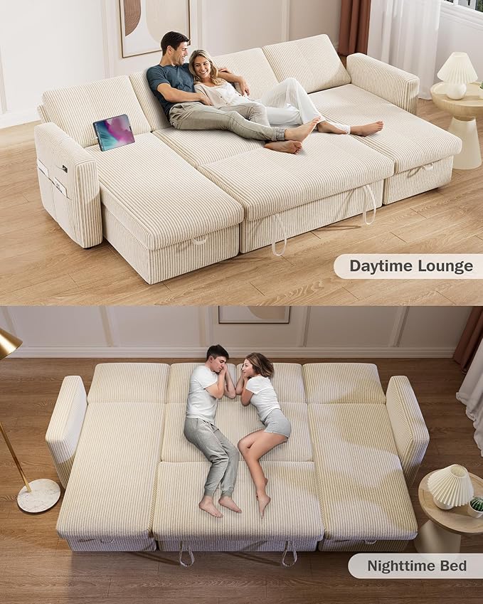 Vipbear 104 Sectional Sleeper Sofa Bed with Pull Out Bed U Shaped Couch Pull Out Couch with Reclining Backrest Reversible Storage Chaise USB Ports Tool-Free Assembly Corduroy Beige