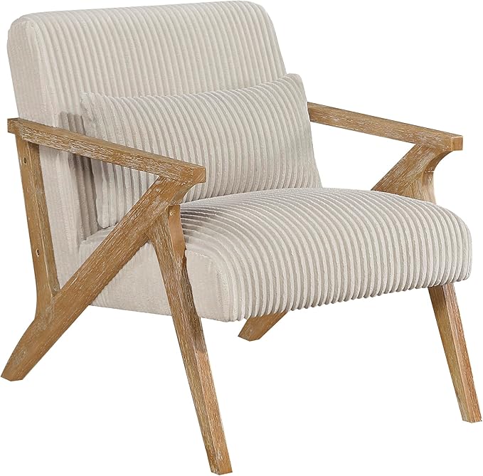 Lexicon Mid Century Modern Accent-Chair with Lumbar Pillow Brown Solid Wood Frame Comfy Corduroy Upholstered Lounge Arm Chair for Living Room/Bedroom/Office/Reading Nook Assembly Required Beige