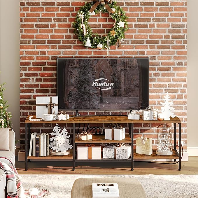 HOOBRO TV Stand with Power Outlets to 75 Inches TV Console Table with Open Storage Shelves Cabinet Industrial Media Entertainment Center for Living Room Bedroom Rustic Brown and Black BF80DS01