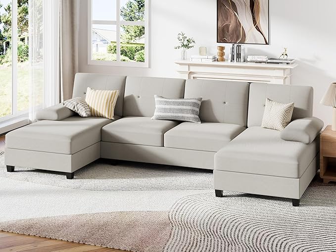 JY QAQA Sectional Couche with Soft Cushion U-Shaped Sofa with Double Chaise 4-Seat Linen Fabric Sofa Sets for Living Room Apartment Beige