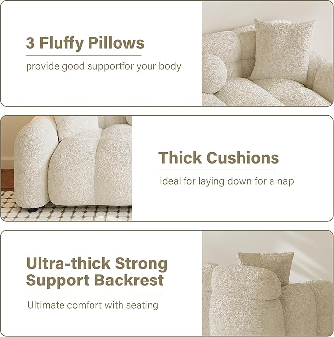 Boucle Sofa Couch 87.3 Modern Tufted Upholstered Teddy 3 Seater Sofa with 4 Pillows Sherpa Deep Seat Cloud Couch Comfy Loveseat Oversized Sofas for Living Room Apartment Beige White