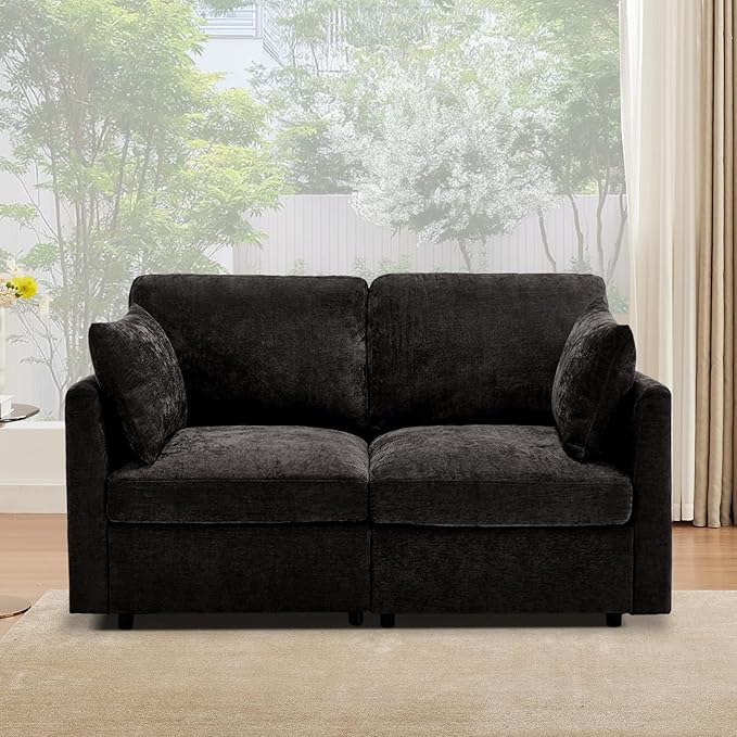 Tbfit 59 Loveseat Sofa Chenille Small Sofa Couch Love Seat with 2 Pillows for Small Space Bedroom &amp Living Room Black