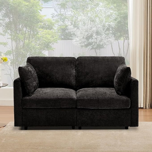 Tbfit 59 Loveseat Sofa Chenille Small Sofa Couch Love Seat with 2 Pillows for Small Space Bedroom &amp Living Room Black