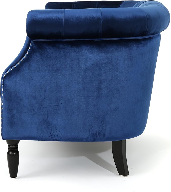 Christopher Knight Home Milani Tufted Scroll Arm Velvet Loveseat Navy Blue / Dark Brown