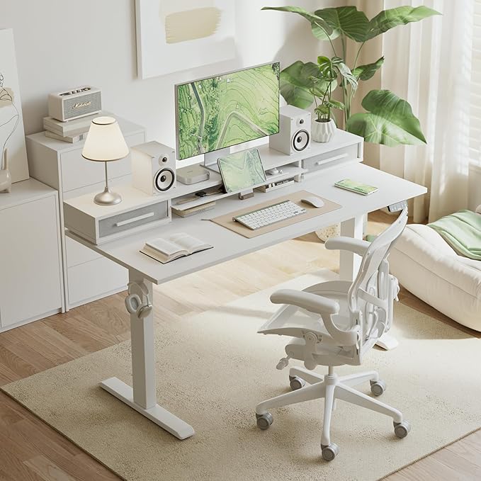 Agilestic 48 Inch Electric Standing Desk with Drawers Adjustable Desk with Storage Shelf Stand Up Home Office Computer Table Splice Board White