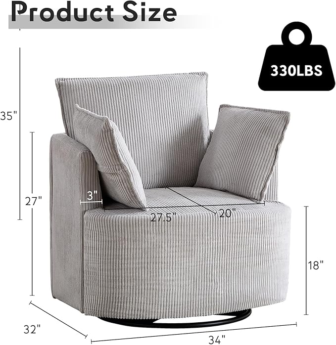 Bonzy Home 360° Swivel Accent Chair Comfy Corduroy Swivel Barrel Chair with 2 Soft Pillows Single Sofa for Living Room Bedroom Light Grey