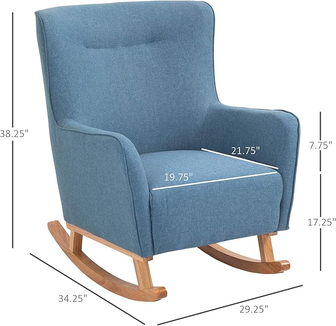 HOMCOM Modern Rocking Chair Sofa Armchair Modern Accent Chair with Thick Padding Winged Back for Living Room or Bedroom Blue