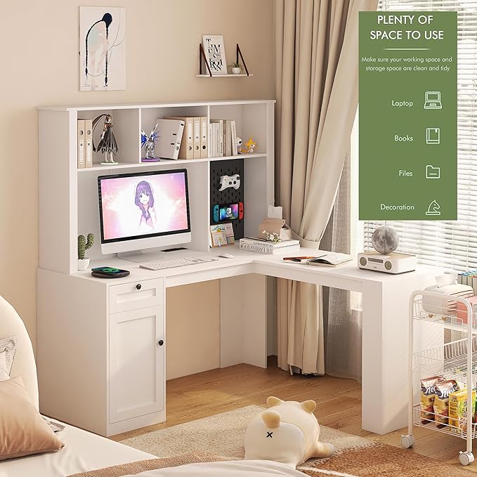 L Shaped Computer Desk with Pegboard &amp Charging StationHome Office Corner Desk with Drawer Bookshelf &amp Hutch Writing Desk with StorageComputer Desk for BedroomOfficeLiving Room (White)