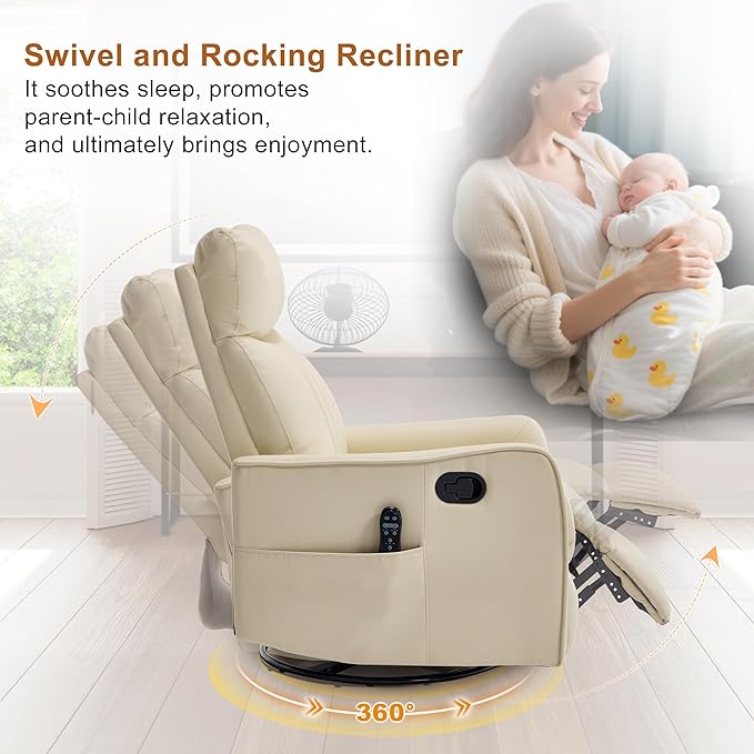 Manual Swivel Rocker Recliner Chair for Adults Overstuffed Glider Chair for Nursery with Massage and Heat Living Room Reclining Chair Faux Leather Light Yellow