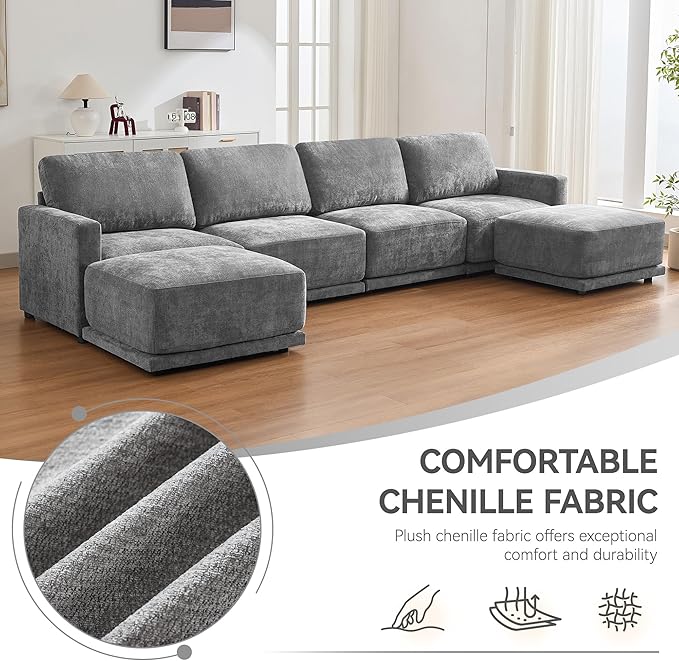143.8 Modular Sectional Sofa with 2 Ottomans Upholstered U Shaped Sectional Couch with Thick Cushions Oversized Chenille Comfy 6 Seater Sofas for Living Room Easy Assembly Grey